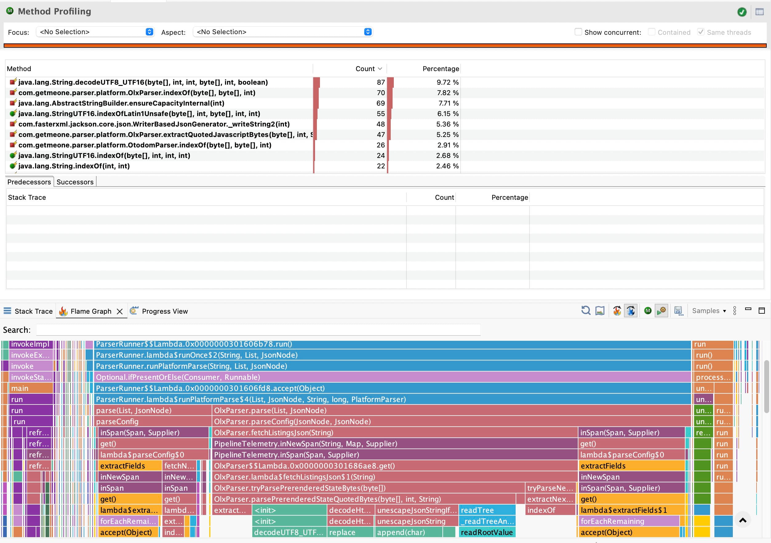 After the first wave of changes, the old string hotspots are smaller and byte-oriented parser methods start to dominate.